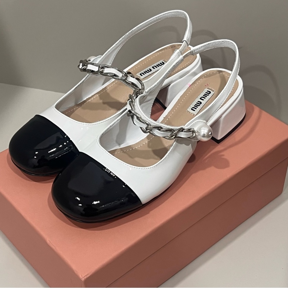 Miu Miu Women's White and Black Slingback Heels - Picture 5 of 5